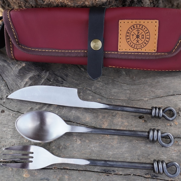 Edge Master Wikinger-Gabel, Messer und Löffel, mittelalterliches Essbesteck-Set, 3-teilig, Karbonstahl, mehrfarbig, mit wunderschönem Set, bestes Geschenk, Camping-Set