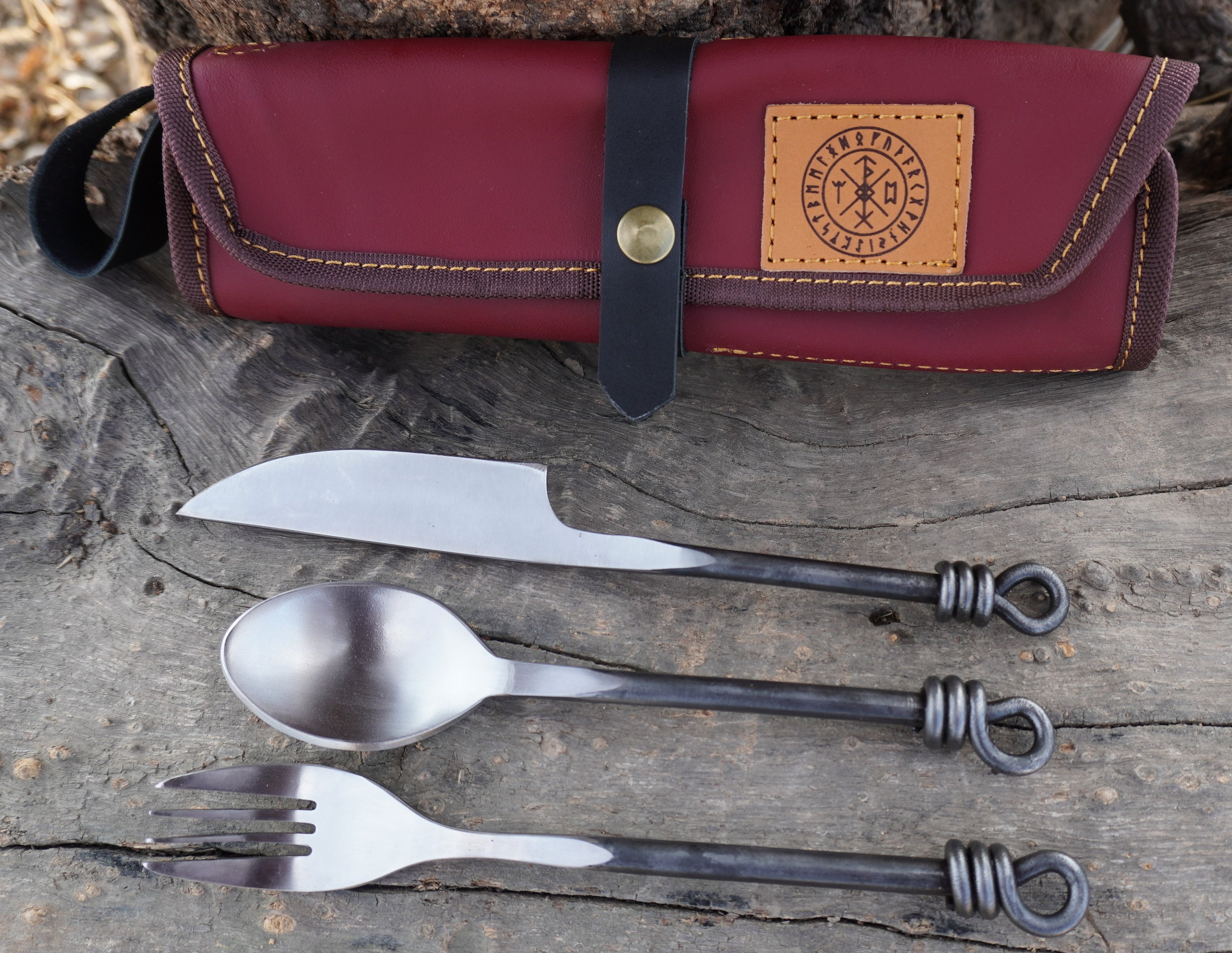 Edge Master Viking Fork Knife and Spoon Medieval Eating Utensil Set,3Pcs Carbon Steel, Multicolor with beautiful Kit, Best gift,camping set