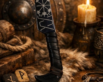 Viking Knife with Leather Sheath, Norse Engraved Blade, Handmade Hunting Knife, Bushcraft Knife, Scandinavian Style Gift for Men