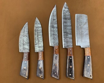 Handmade Damascus Chef Knife Set, 5 Piece, Leather Cover, Personalized Gift