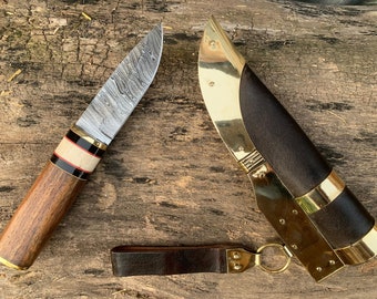 Handmade Damascus Steel Hunting Knife, Wood Handle Leather Sheath, Viking Dagger