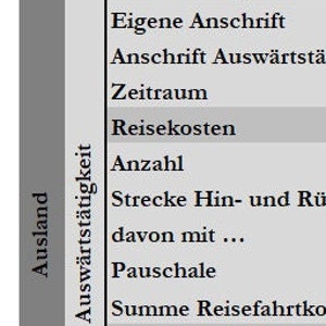 May include: A table with a column labeled "Ausland" and a column labeled "Auswärtstätigkeit". The table lists items related to travel expenses, including "Eigene Anschrift", "Anschrift Auswärtstä", "Zeitraum", "Reisekosten", "Anzahl", "Strecke Hin- und Rü", "davon mit ...", "Pauschale", "Summe Reisefahrtko", "Verpflegungsmehrau", and "Anzahl Tage Abwosa".
