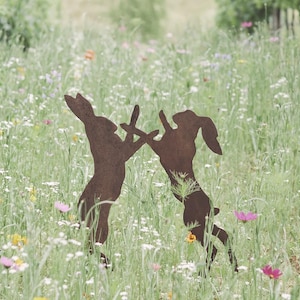 Peut inclure: Deux silhouettes de lapins en métal brun se dressent dans un champ de fleurs sauvages. Les lapins semblent interagir, leurs pattes avant se touchant. La scène se déroule dans une prairie avec de hautes herbes et des fleurs colorées.