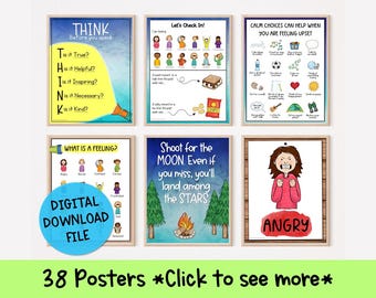Posters voor schoolbegeleiding: campingthema, kantoorinrichting maatschappelijk werker (digitale download)
