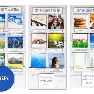 May include: A visual guide with three columns, each with a title and six images. The first column is titled "Step 1: Choose a Location" and shows images of a beach, mountains, a field, a city, a waterfall, and a house. The second column is titled "Step 2: Choose a Sound" and shows images of a piano, people, animals, water, a person breathing, and weather. The third column is titled "Step 3: Choose a Smell" and shows images of food, a pie, flowers, a tropical beach, fresh air, and clean laundry. The guide also includes the text "5 Steps with your own" and "Come up with your own".
