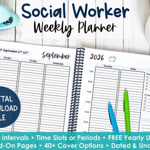 May include: A spiral-bound Social Worker Weekly Planner open to a September 2026 spread. The pages feature hourly time slots from 7:00 to 12:00, a to-do list, and a notes section. A blue pen and a green pen rest on the page. A digital download file badge is visible.