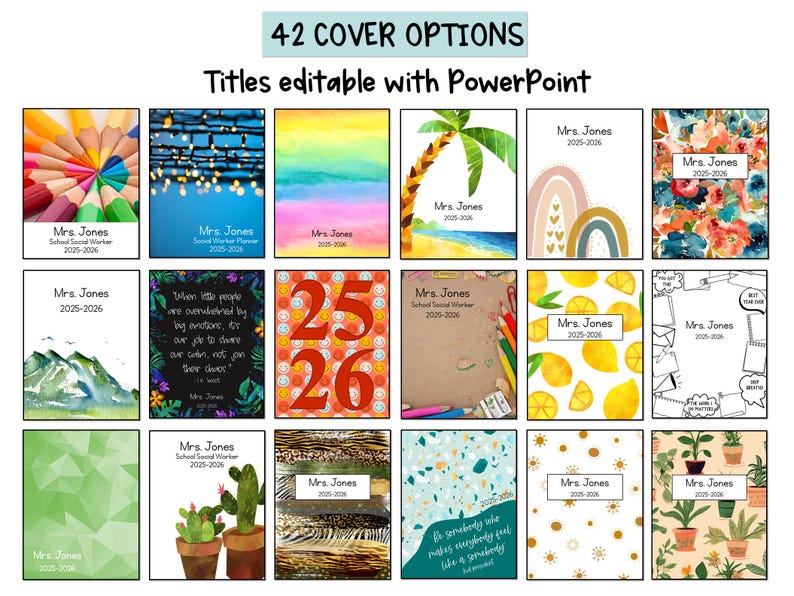 K&ouml;nnte beinhalten: Darstellung von 16 Planer-Cover-Optionen mit verschiedenen Designs, darunter Aquarelllandschaften, Blumenmuster und abstrakte Kunst. Jedes Cover zeigt den Text "Mrs. Jones 2025-2026" und den Satz "Titles editable with PowerPoint."