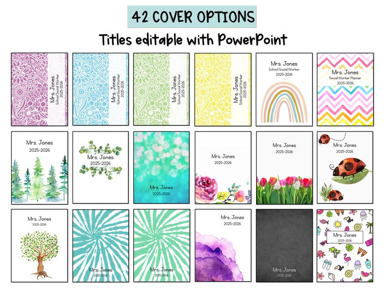 K&ouml;nnte beinhalten: Das Bild zeigt 16 verschiedene Planer-Cover-Optionen mit verschiedenen Designs, darunter florale, abstrakte und naturbezogene Illustrationen. Jedes Cover zeigt "Mrs. Jones 2025-2026" und den Text "Titles editable with PowerPoint".