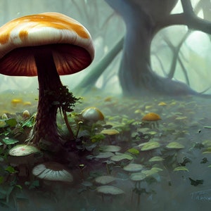 May include: A large, orange and white mushroom with a brown stem stands in a misty forest. The mushroom is surrounded by smaller, white mushrooms and green foliage.
