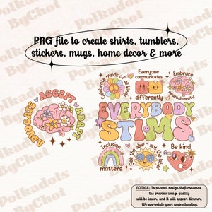 Op de afbeelding: Een set kleurrijke digitale illustraties met de tekst "Everybody Stims" met een regenboog, een zon, een brein en een hart. De illustraties zijn in een retro-stijl met een roze, gele en blauwe kleurstelling.