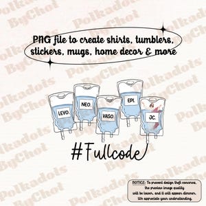 May include: A digital illustration of five IV bags with the words "LEVO", "NEO", "VASO", "EPI", and "JC" written on them. The illustration is in a blue and white colour scheme and has the hashtag "#Fullcode" written below the bags.