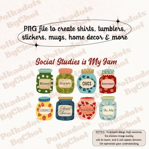 Op de afbeelding: Een digitale PNG-bestand met illustraties van potten die sociale studiesvakken vertegenwoordigen, zoals geschiedenis en economie. De tekst "Social Studies is My Jam" staat boven de potten. Het bestand is voor het maken van artikelen.
