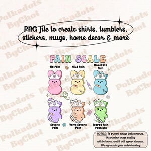 May include: A digital design featuring a pain scale with cartoon bunny characters in various colors, each representing a level of pain from "No Pain" to "Worst Pain Possible." Text at the top reads "PNG file to create shirts, tumblers, stickers, mugs, home decor & more."