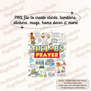 Op de afbeelding: Een kleurrijk digitaal ontwerp met de tekst "THE LAB'S PRAYER" en laboratoriumillustraties. Bevat de tekst: "PNG-bestand om shirts, bekers, stickers, mokken, woondecoratie & meer te maken".