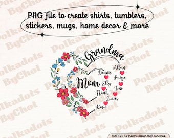 Corazón de abuela personalizado (PNG), abuela (PNG), primera mamá (ahora abuela) (PNG), abuela personalizada con nombres de hijos y nietos, regalo para el Día de la Madre