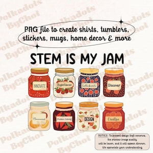 Puede incluir: Un diseño digital con ocho tarros de mermelada etiquetados con conceptos STEM como "Innovar" y "Experimentar". La frase "STEM IS MY JAM" está encima de los tarros. La imagen es un archivo PNG para camisetas, pegatinas y decoración del hogar.