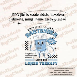 Puede incluir: Una bolsa de IV azul de dibujos animados con una cara sonriente y el texto "Drip Mixologist: Bartender" y "For Your Veins". La bolsa de IV sostiene una aguja y tiene un patrón a cuadros en la parte inferior. El texto "IV Hydration has never been so sweet" y "Serving up Liquid Therapy" está debajo de la bolsa de IV.