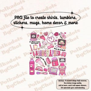 Könnte beinhalten: Rosa-weiße digitale Illustration von Sonographen-Werkzeugen und -Ausrüstung. Der Text "SONOGRAPHER" ist in großen, rosafarbenen Buchstaben geschrieben. Die Illustration enthält ein Stethoskop, ein Ultraschallgerät, einen Schwangerschaftstest und ein Herz.