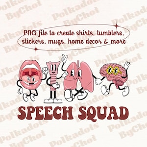 Puede incluir: Una ilustración de dibujos animados de un equipo de habla con una boca, tráquea, pulmones y cerebro. La ilustración está en un estilo retro con colores brillantes y líneas audaces. El texto "SPEECH SQUAD" está escrito debajo de los personajes de dibujos animados.