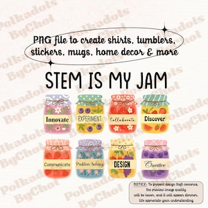 Puede incluir: Un diseño digital con ocho tarros de mermelada coloridos, cada uno con una palabra relacionada con STEM como "Innovar" y "Experimentar". El texto "STEM IS MY JAM" está encima de los tarros, con texto adicional que indica que el diseño es para camisetas, pegatinas y decoración del hogar.