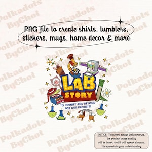 Op de afbeelding: Een kleurrijk digitaal ontwerp met de tekst "LAB STORY" in geel en rood, met illustraties met een laboratoriumthema. Het ontwerp bevat de tekst "PNG-bestand om shirts, bekers, stickers, mokken, woondecoratie en meer te maken."