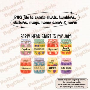 Puede incluir: Un diseño digital con ocho tarros de mermelada coloridos, cada uno etiquetado con un aspecto del desarrollo de la primera infancia, como "Cognitivo" y "Social y Emocional". El texto en la parte superior dice "Archivo PNG para crear camisetas, vasos, pegatinas, tazas, decoración del hogar y más."