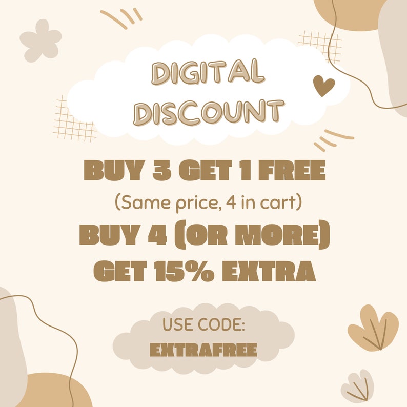 Peut inclure: Graphique beige avec les mots "DIGITAL DISCOUNT" en marron clair. Le texte promeut une offre "ACHETEZ 3 OBTENEZ 1 GRATUIT" et une offre "ACHETEZ 4 (OU PLUS) OBTENEZ 15% DE R&Eacute;DUCTION". Le code "EXTRAFREE" est &eacute;galement affich&eacute;.