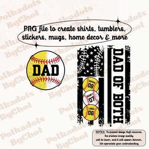 Puede incluir: Un archivo de diseño digital que presenta un gráfico de béisbol amarillo con la palabra DAD en negro, y un gráfico vertical con un patrón de bandera desgastado, tres pelotas de béisbol con nombres y números, y el texto DAD OF BOTH en negro.