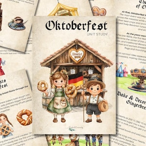 May include: Watercolor illustration of an Oktoberfest unit study. The image features a wooden stand with two children holding pretzels and a German flag. Text includes "Oktoberfest" and "Tasty Treats of Oktoberfest".