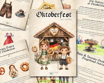 Pode incluir: Ilustração em aquarela de um estudo de unidade da Oktoberfest. A imagem apresenta uma banca de madeira com duas crianças segurando pretzels e uma bandeira alemã. O texto inclui "Oktoberfest" e "Tasty Treats of Oktoberfest".