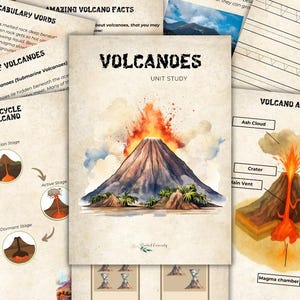 Estudio de la unidad sobre volcanes para niños amantes de la ciencia, imprimible para la educación en casa o en el aula.
