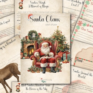 Puede incluir: Una colección de materiales educativos con temática navideña. La imagen central presenta a Papá Noel en una silla roja, rodeado de un árbol de Navidad y regalos. Otras páginas incluyen texto como "Santa Claus Unit Study" y cartas de "Querido Santa".
