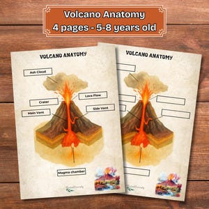 Può includere: Due diagrammi didattici sull'anatomia dei vulcani. Ogni diagramma mostra una sezione trasversale di un vulcano con etichette per la nube di cenere, il cratere, il flusso di lava, lo sfogo principale, lo sfogo laterale e la camera magmatica.