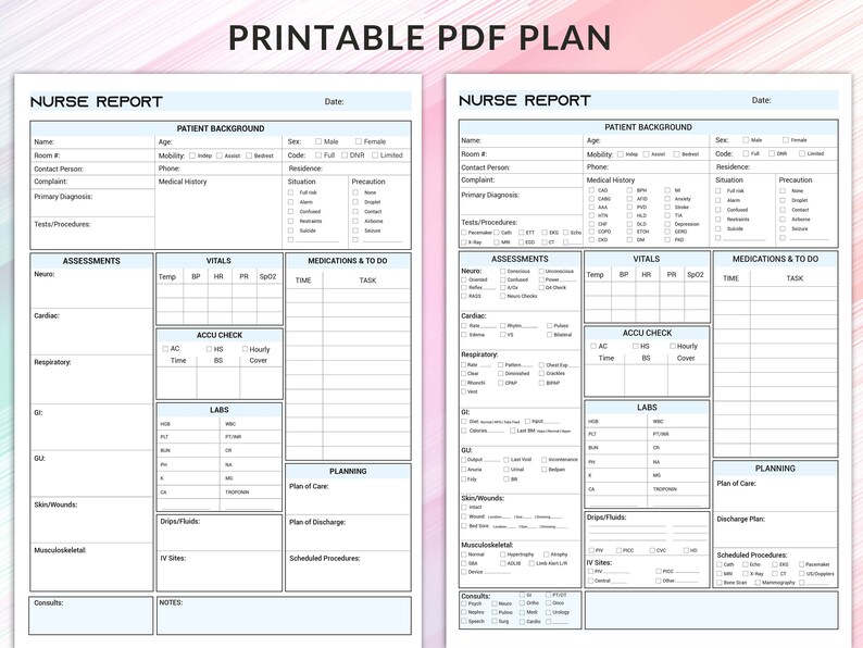 Printable Nursing Report Sheet, Nurse Brain Sheet, 6 Colors Nurse Report Sheet, Patient