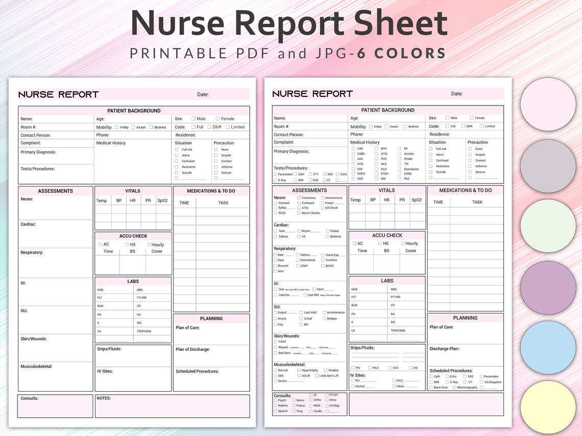 Printable Nursing Report Sheet, Nurse Brain Sheet, 6 Colors Nurse ...