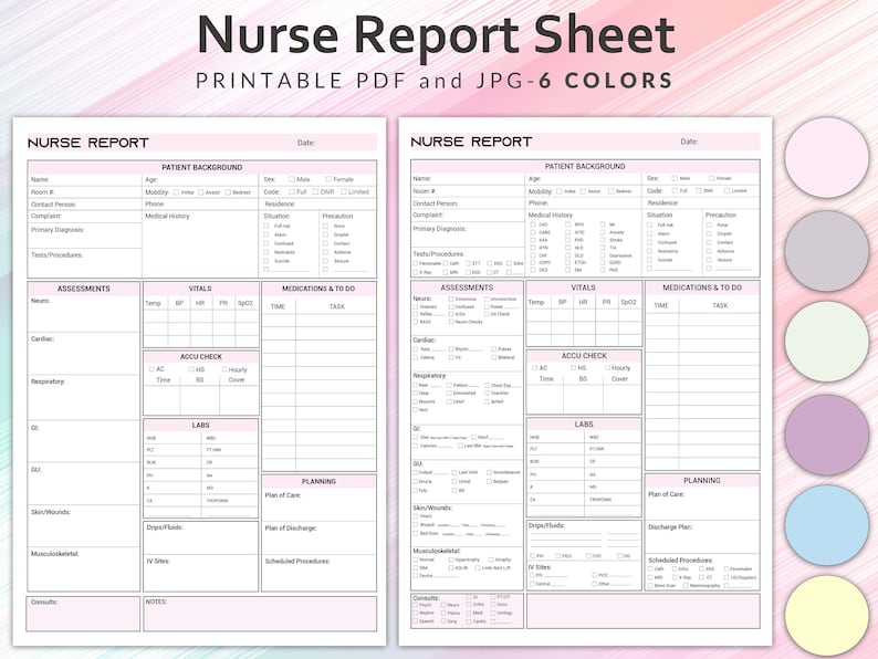 Printable Nursing Report Sheet, Nurse Brain Sheet, 6 Colors Nurse