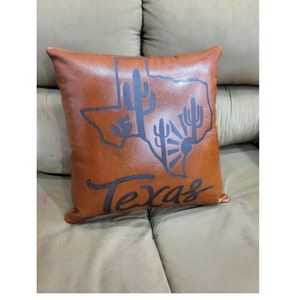 Handmade Leather Texas Map Pillow Cover: 18&quot; Square Cushion