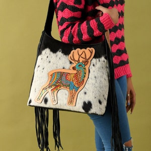Cowhide Leather Tote Bag: Hand Tooled Shoulder Purse with Deer