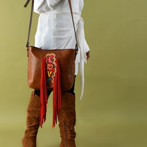 Top Grain Leather Fringe Bag: Light Brown Crossbody Shoulder Bag