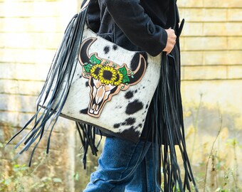 Hand Tooled Leather Cowhide Fringe Tote Bag: Bull Head Western Purse