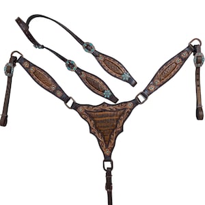 Handcrafted Leather Horse Headstall & Breast Collar Set: Filigree Alligator Carving