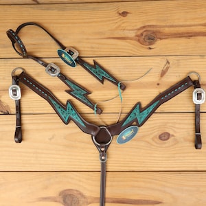Turquoise Thunderbolt Western Headstall Set: Hand-Painted Argentina Leather