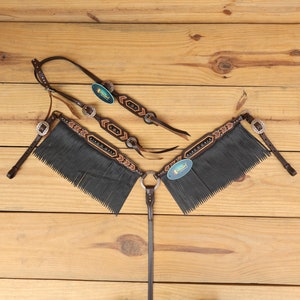 Leather Headstall Tack set with with geometrical carving with copper nickel studs brown leather fringe  string concho gifts for horse lovers