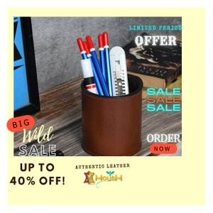 MOUSM Solid Brown Leather Pen Pot - Pen Holder - Pencil Holder - Desk Pen Holder