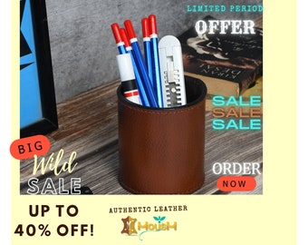 MOUSM Solid Brown Leather Pen Pot - Pen Holder - Pencil Holder - Desk Pen Holder