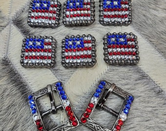 Handmade American Flag Conchos: Handmade Square Zinc Buckle Embellishments for your tack