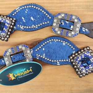 Spur strap Leather Ladies Spur strap decorated with Royal blue metallic acid wash cowhide look by Mousm