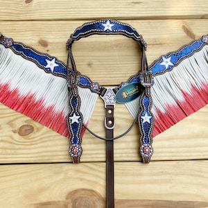 Jewelry like look - Leather Headstall and Breast Collar Set for the horse, Western headstall tack decorated with Star and USA Flag fringe