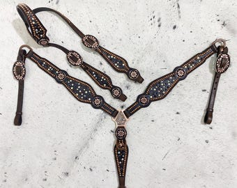 Handmade Western Headstall and Breast Collar: Handtooled, Rhinestone Studs