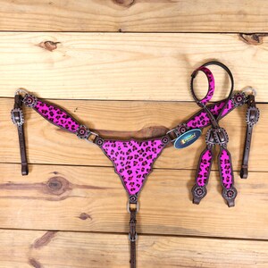 Pink Leopard Overlay And complementing Conchos Horse Headstall Breast Collar Set